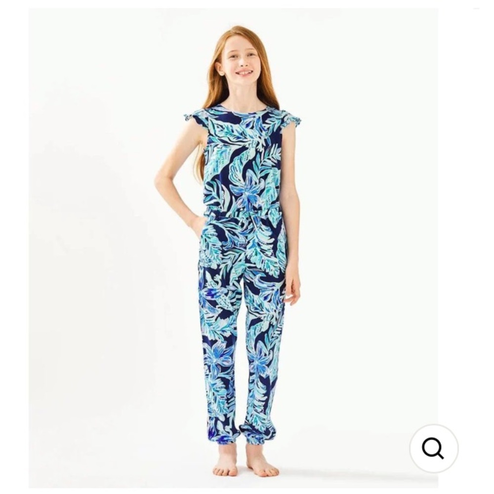 Lilly Pulitzer Odessa Girls Blue Patterned Ruffle Jumpsuit